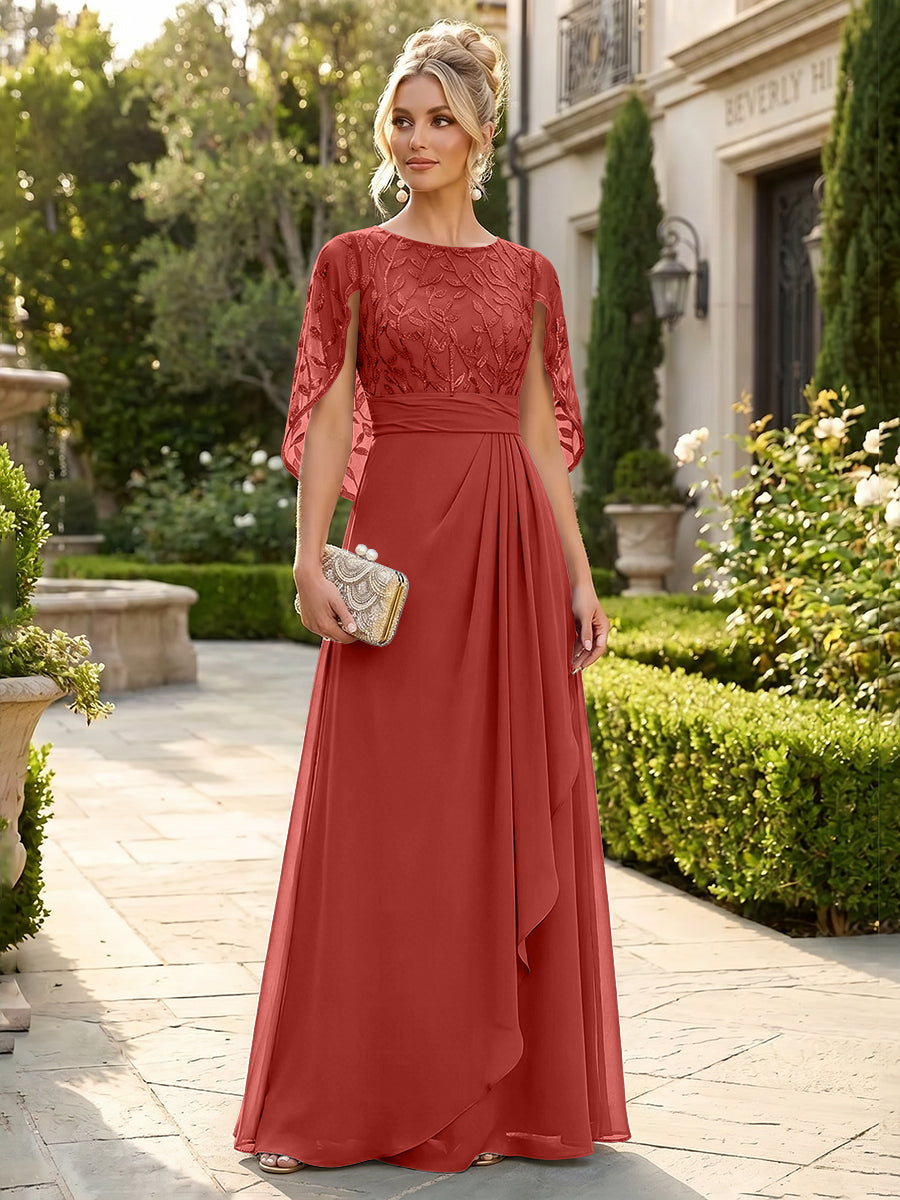 A-Line Chiffon Cape Sleeves Floor-Length Mother of the Bride & Groom Dresses with Floral Sequin Bodice (SHI22500691)