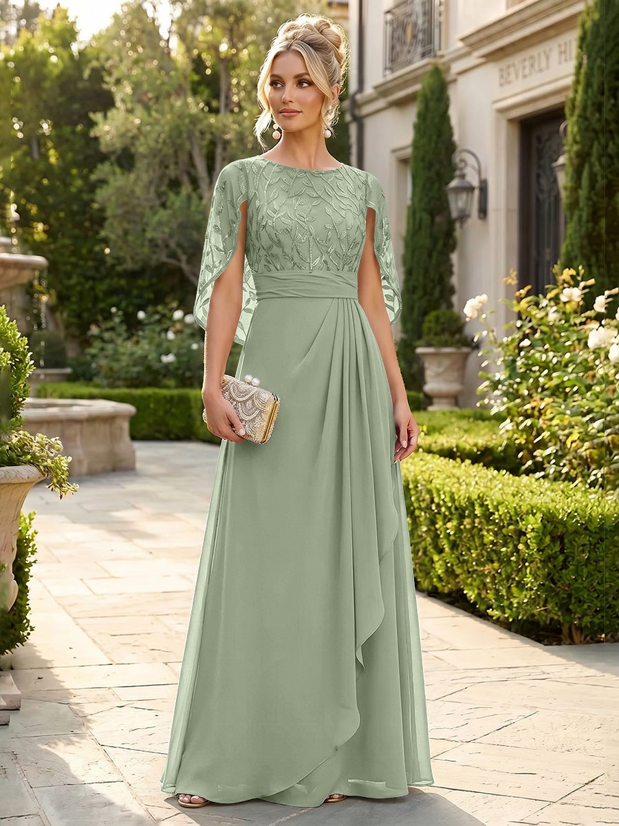 A-Line Chiffon Cape Sleeves Floor-Length Mother of the Bride & Groom Dresses with Floral Sequin Bodice (SHI22500691)