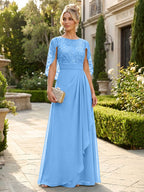 A-Line Chiffon Cape Sleeves Floor-Length Mother of the Bride & Groom Dresses with Floral Sequin Bodice (SHI22500691)