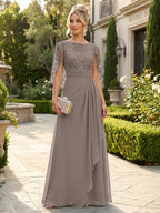 A-Line Chiffon Cape Sleeves Floor-Length Mother of the Bride & Groom Dresses with Floral Sequin Bodice (SHI22500691)