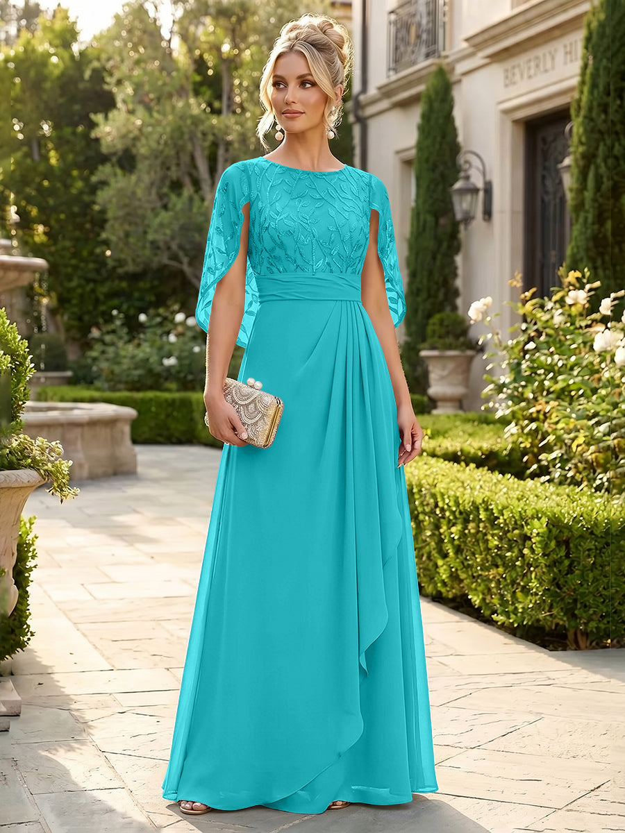 A-Line Chiffon Cape Sleeves Floor-Length Mother of the Bride & Groom Dresses with Floral Sequin Bodice (SHI22500691)