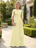 A-Line Chiffon Cape Sleeves Floor-Length Mother of the Bride & Groom Dresses with Floral Sequin Bodice (SHI22500691)