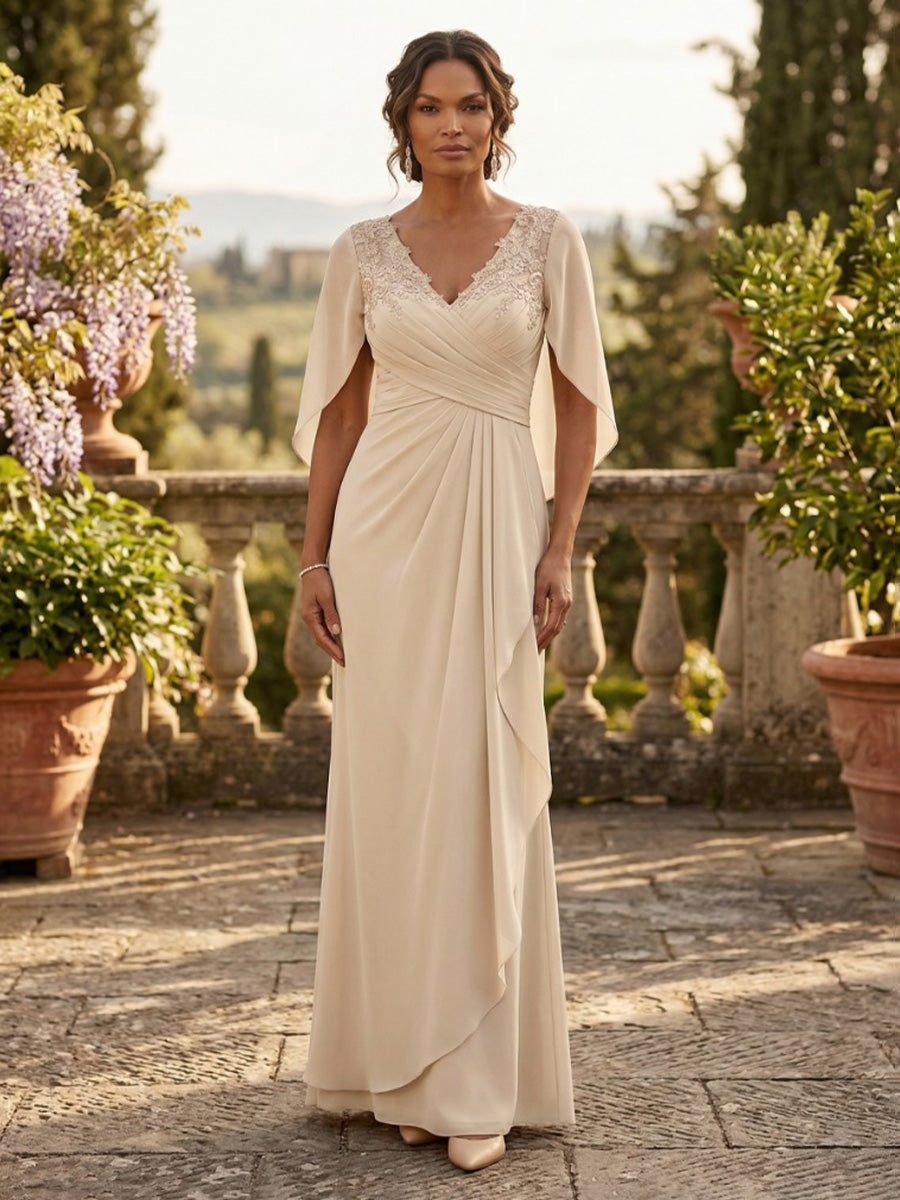 A-Line/Princess V-Neck Chiffon Floor-Length Mother of the Bride & Groom Dresses with Lace Appliques & Ruched Waist (SHI22501678)