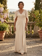 Cape Sleeve Jacquard Satin Ruched Mother of the Bride Dresses (SHI22500526)