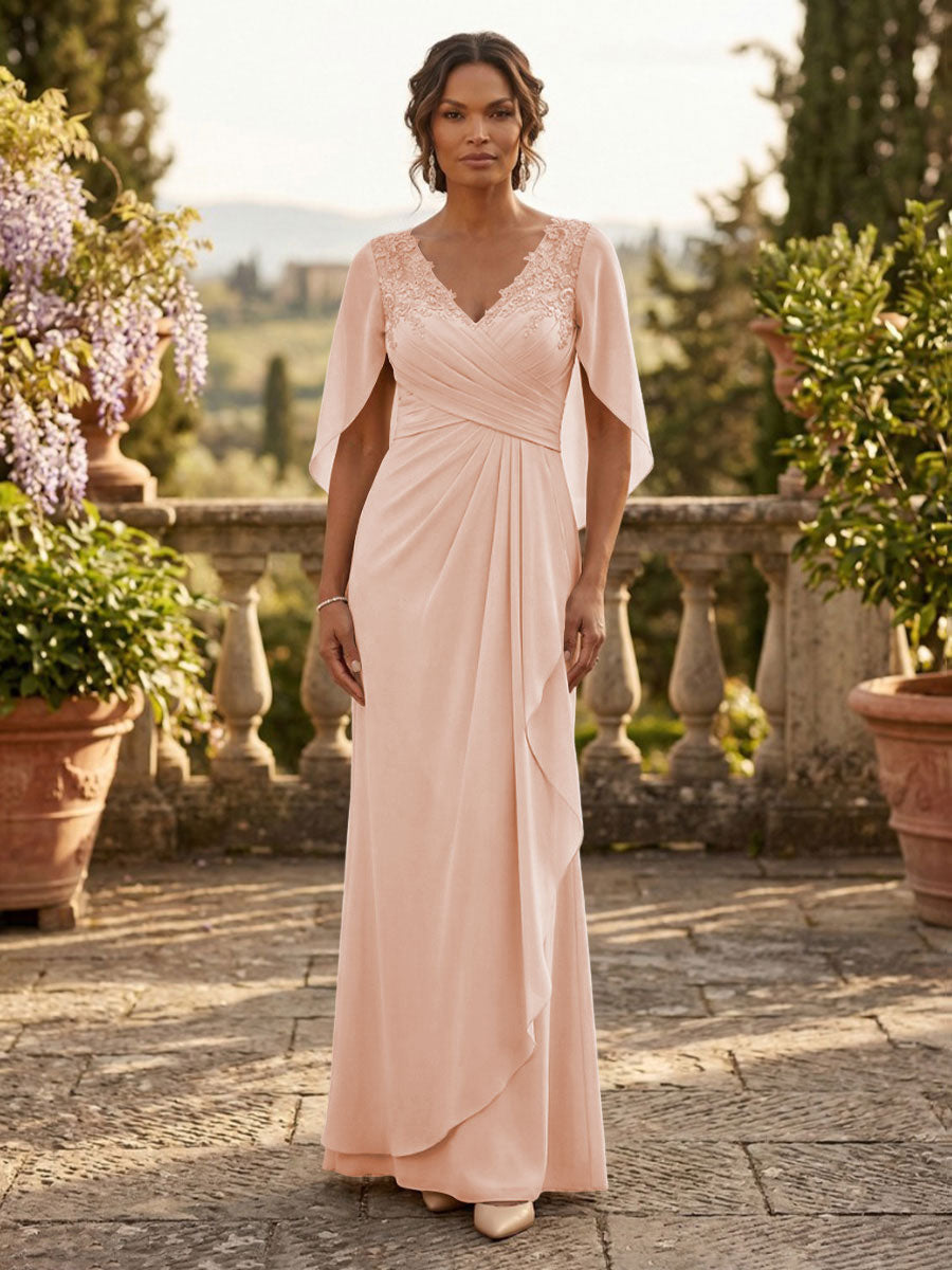 A-Line Chiffon Cape Sleeves Floor-Length Mother of the Bride & Groom Dresses with Ruched Waist (SHI22500705)