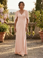 A-Line Chiffon Cape Sleeves Floor-Length Mother of the Bride & Groom Dresses with Ruched Waist (SHI22500705)
