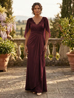 A-Line Chiffon Cape Sleeves Floor-Length Mother of the Bride & Groom Dresses with Ruched Waist (SHI22500705)