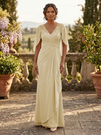 A-Line Chiffon Cape Sleeves Floor-Length Mother of the Bride & Groom Dresses with Ruched Waist (SHI22500705)