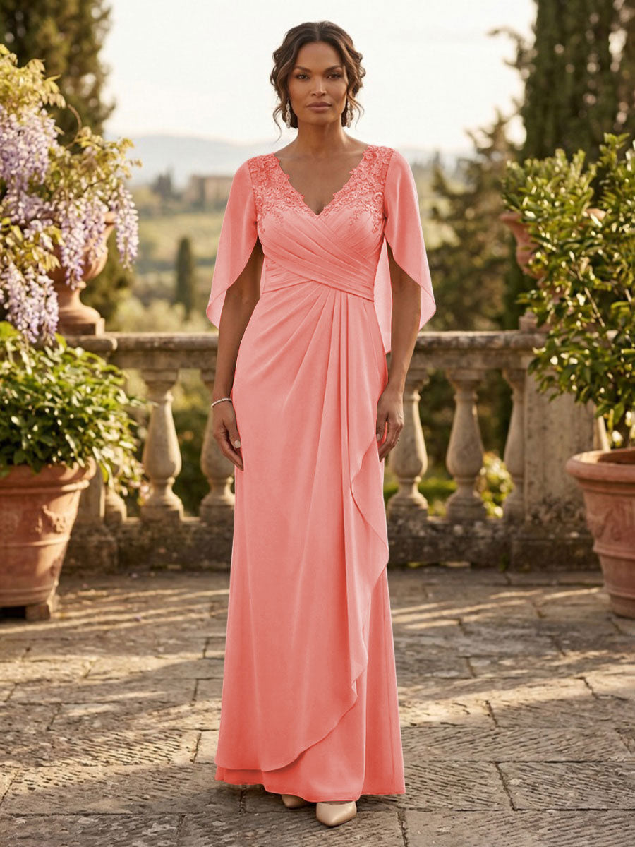 A-Line Chiffon Cape Sleeves Floor-Length Mother of the Bride & Groom Dresses with Ruched Waist (SHI22500705)