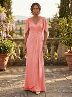 A-Line Chiffon Cape Sleeves Floor-Length Mother of the Bride & Groom Dresses with Ruched Waist (SHI22500705)