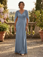A-Line Chiffon Cape Sleeves Floor-Length Mother of the Bride & Groom Dresses with Ruched Waist (SHI22500705)