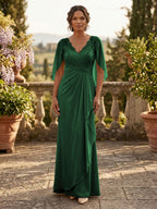 A-Line Chiffon Cape Sleeves Floor-Length Mother of the Bride & Groom Dresses with Ruched Waist (SHI22500705)