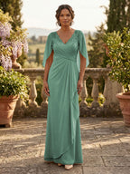 A-Line Chiffon Cape Sleeves Floor-Length Mother of the Bride & Groom Dresses with Ruched Waist (SHI22500705)