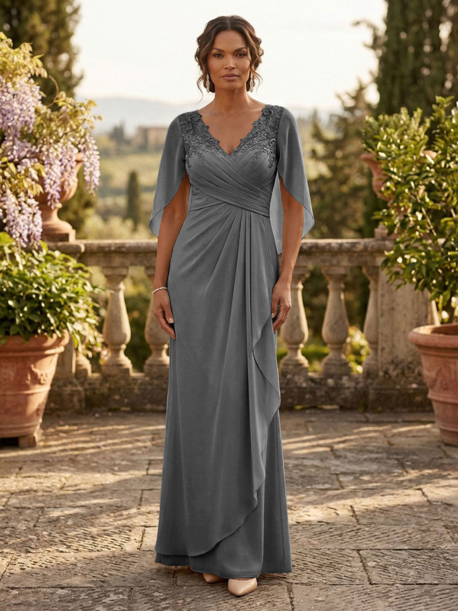 A-Line Chiffon Cape Sleeves Floor-Length Mother of the Bride & Groom Dresses with Ruched Waist (SHI22500705)