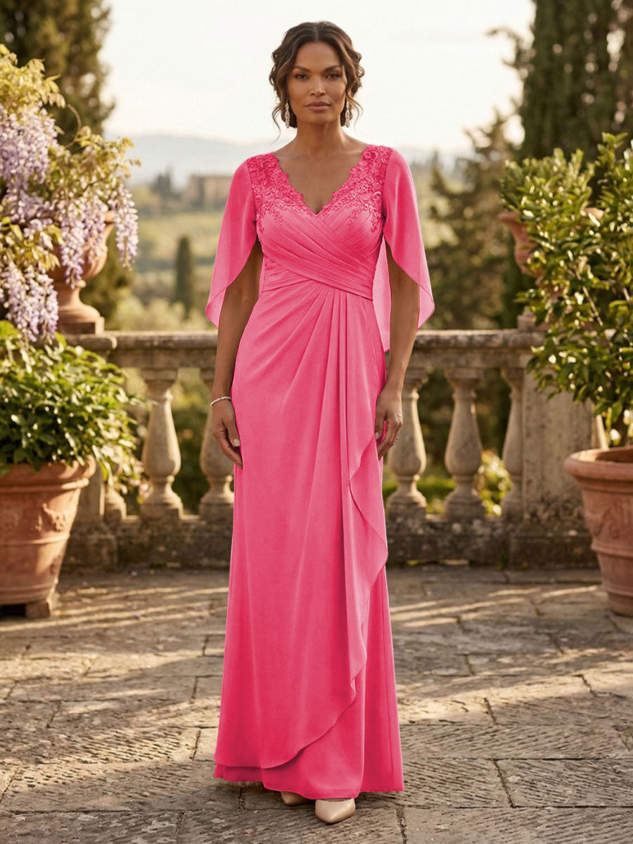 A-Line Chiffon Cape Sleeves Floor-Length Mother of the Bride & Groom Dresses with Ruched Waist (SHI22500705)