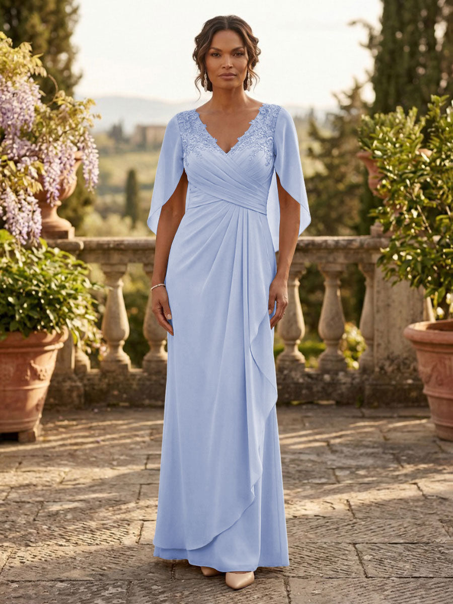 A-Line Chiffon Cape Sleeves Floor-Length Mother of the Bride & Groom Dresses with Ruched Waist (SHI22500705)