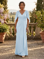 A-Line Chiffon Cape Sleeves Floor-Length Mother of the Bride & Groom Dresses with Ruched Waist (SHI22500705)