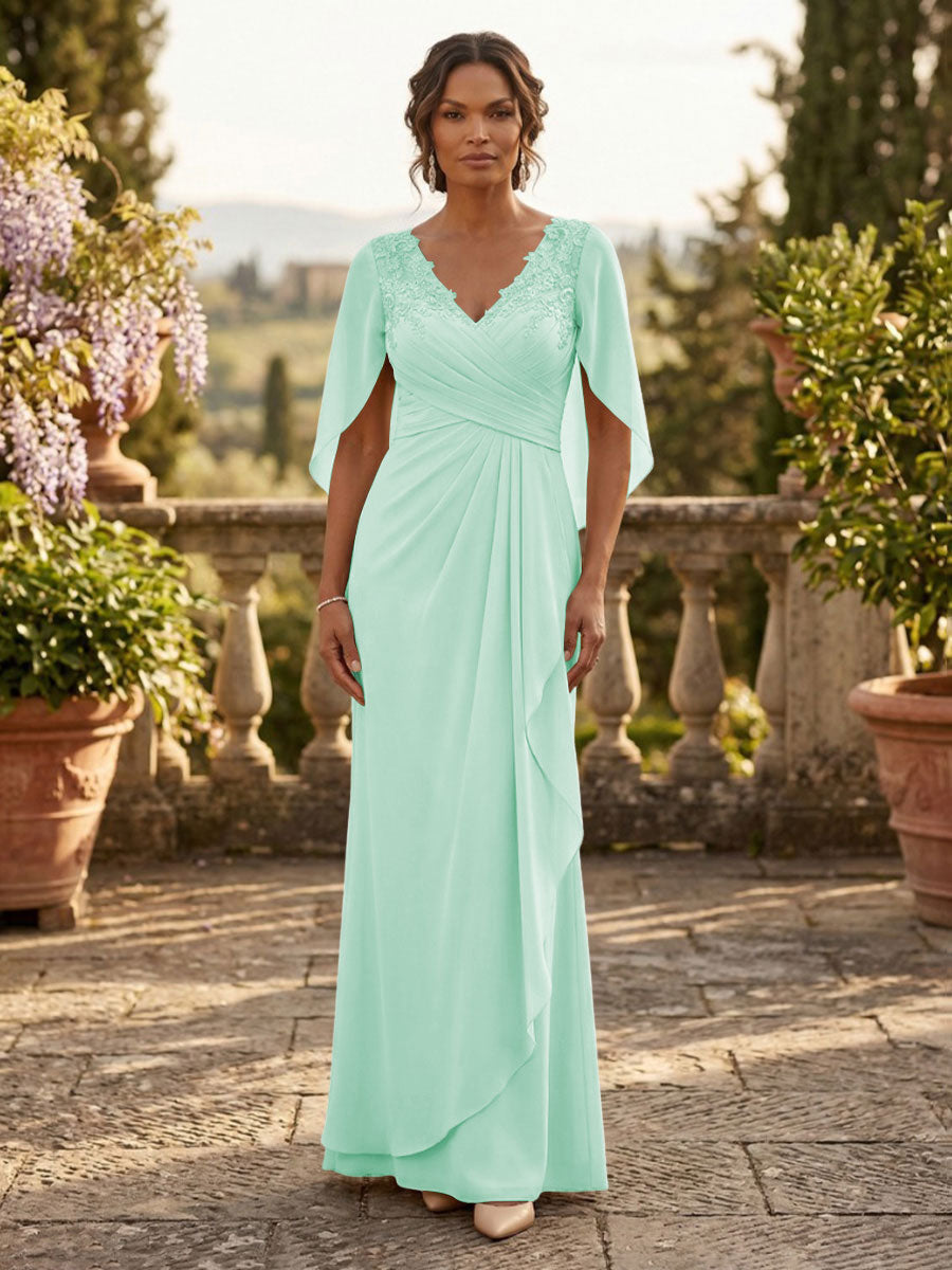 A-Line Chiffon Cape Sleeves Floor-Length Mother of the Bride & Groom Dresses with Ruched Waist (SHI22500705)