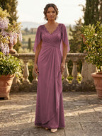 A-Line Chiffon Cape Sleeves Floor-Length Mother of the Bride & Groom Dresses with Ruched Waist (SHI22500705)