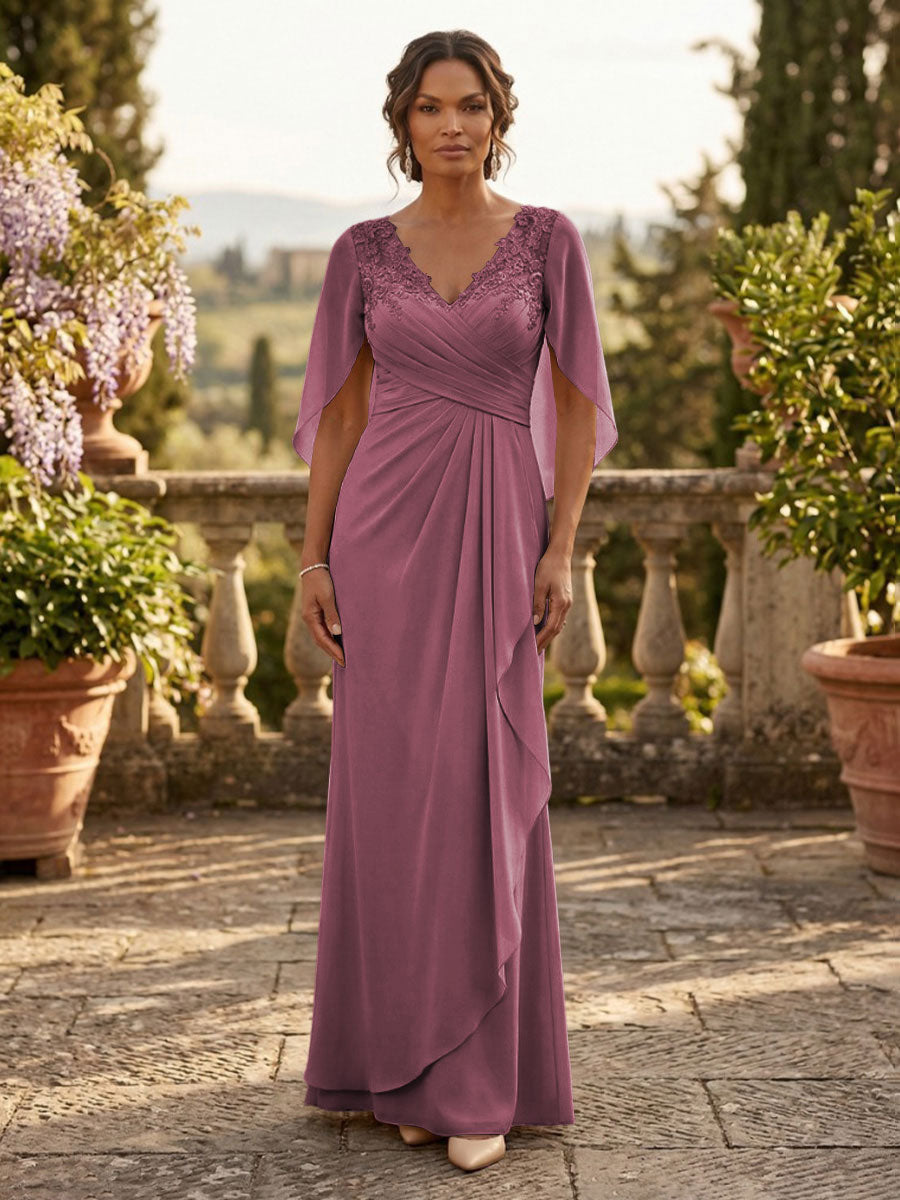 A-Line Chiffon Cape Sleeves Floor-Length Mother of the Bride & Groom Dresses with Ruched Waist (SHI22500705)