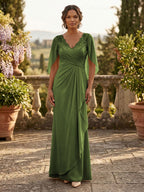 A-Line Chiffon Cape Sleeves Floor-Length Mother of the Bride & Groom Dresses with Ruched Waist (SHI22500705)