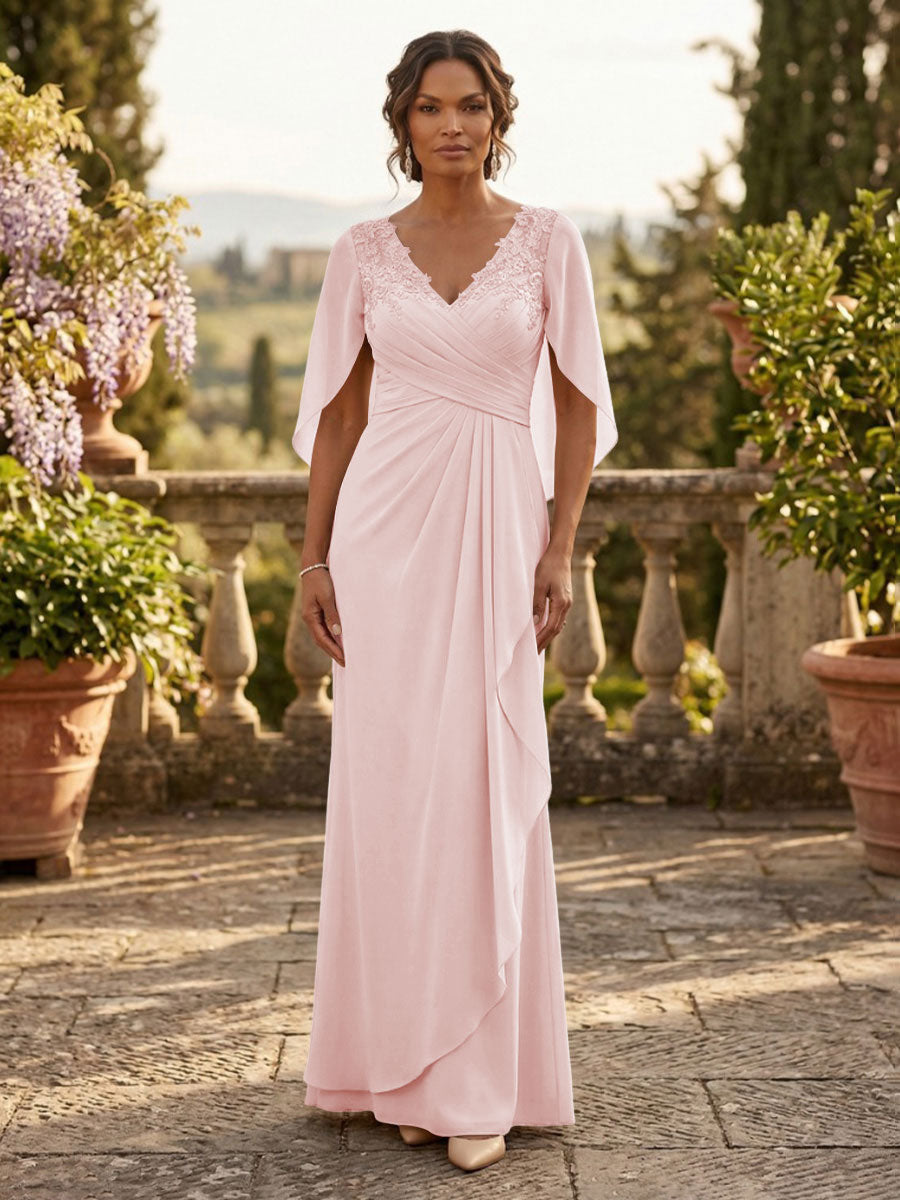A-Line Chiffon Cape Sleeves Floor-Length Mother of the Bride & Groom Dresses with Ruched Waist (SHI22500705)