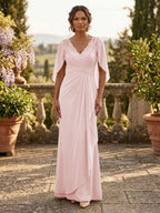 A-Line Chiffon Cape Sleeves Floor-Length Mother of the Bride & Groom Dresses with Ruched Waist (SHI22500705)