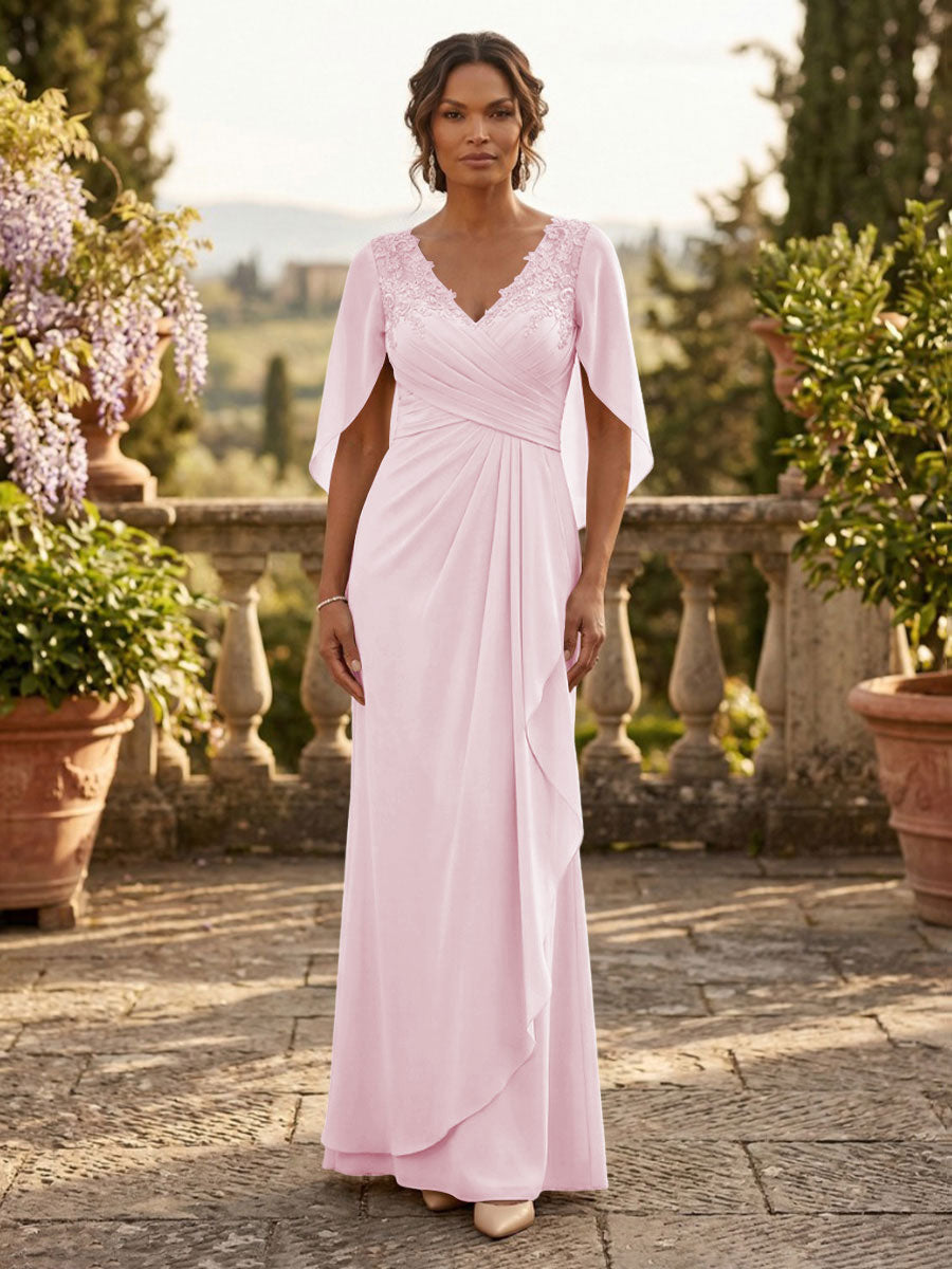 A-Line Chiffon Cape Sleeves Floor-Length Mother of the Bride & Groom Dresses with Ruched Waist (SHI22500705)