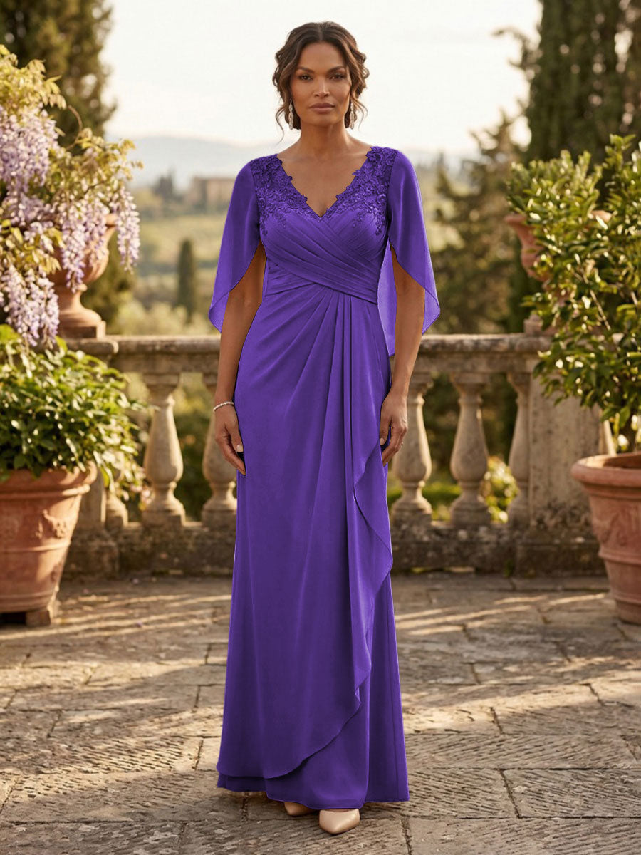 A-Line Chiffon Cape Sleeves Floor-Length Mother of the Bride & Groom Dresses with Ruched Waist (SHI22500705)