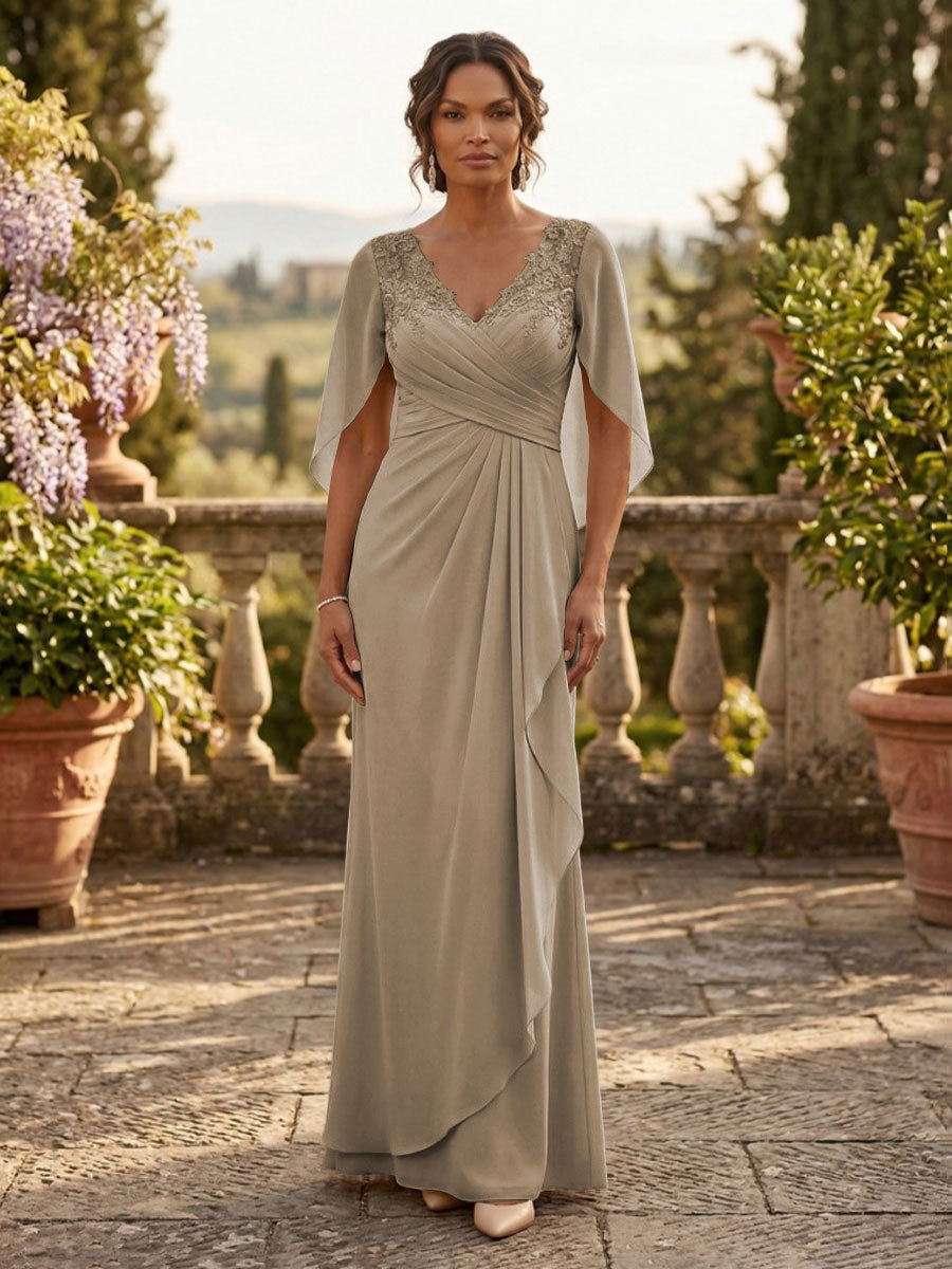 A-Line Chiffon Cape Sleeves Floor-Length Mother of the Bride & Groom Dresses with Ruched Waist (SHI22500705)