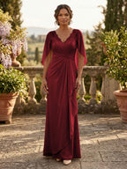 A-Line Chiffon Cape Sleeves Floor-Length Mother of the Bride & Groom Dresses with Ruched Waist (SHI22500705)