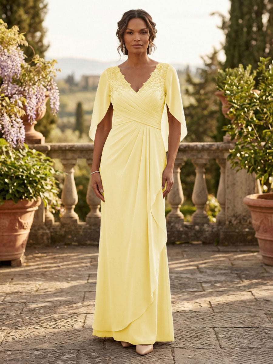 A-Line Chiffon Cape Sleeves Floor-Length Mother of the Bride & Groom Dresses with Ruched Waist (SHI22500705)