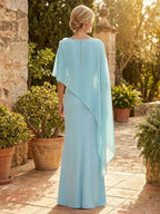 Cape Sleeve Jacquard Satin Ruched Mother of the Bride Dresses 2 Piece (SHI22500528)
