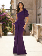 Jacquard Satin One Shoulder A-Line/Princess Long Mother of the Bride & Groom Dresses with Ruffles & Ruched Waist (SHIK25000465)