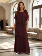 A-Line Floor-Length Chiffon Cape Sleeves Mother of the Bride & Groom Dresses with Tiered Ruffles (SHI22500723)