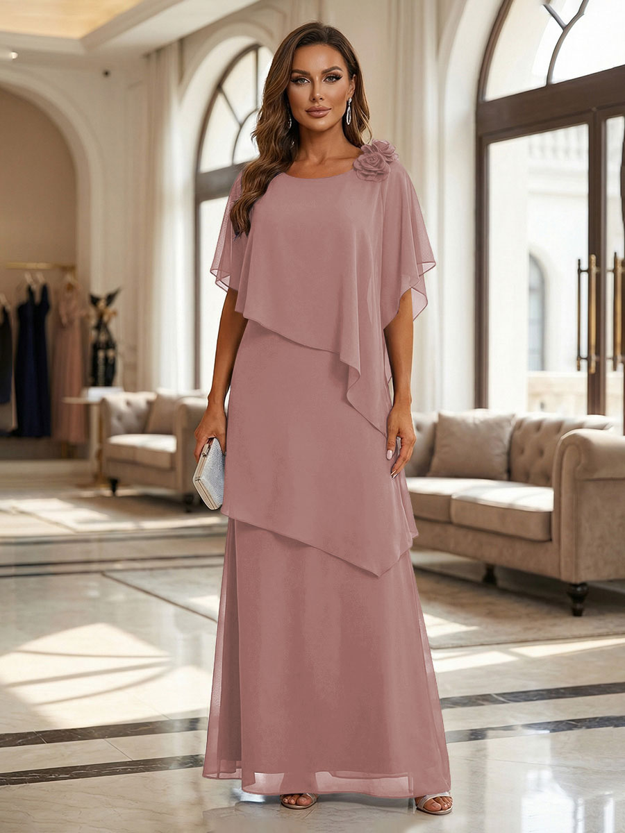 A-Line Floor-Length Chiffon Cape Sleeves Mother of the Bride & Groom Dresses with Tiered Ruffles (SHI22500723)
