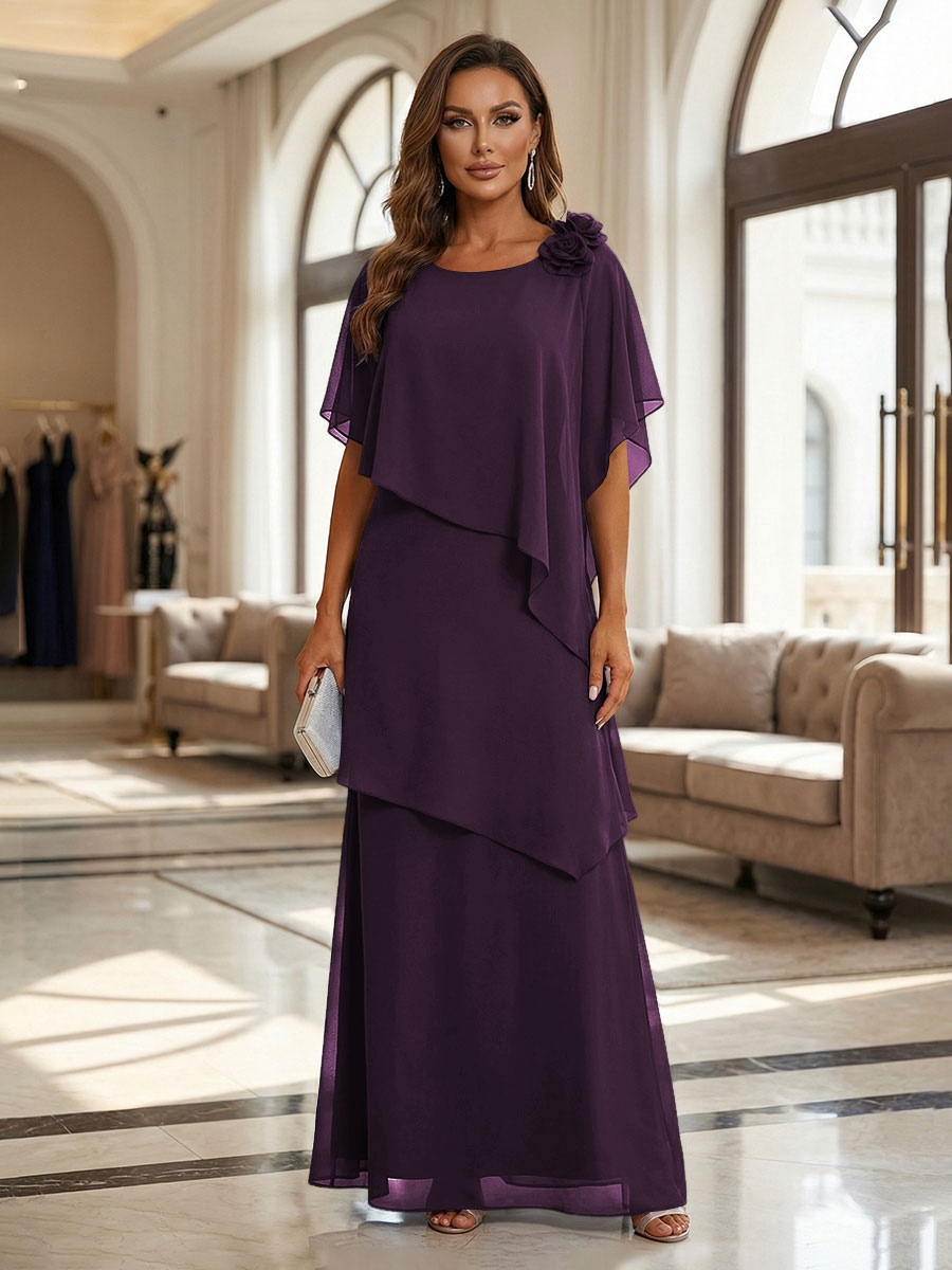 A-Line Floor-Length Chiffon Cape Sleeves Mother of the Bride & Groom Dresses with Tiered Ruffles (SHI22500723)