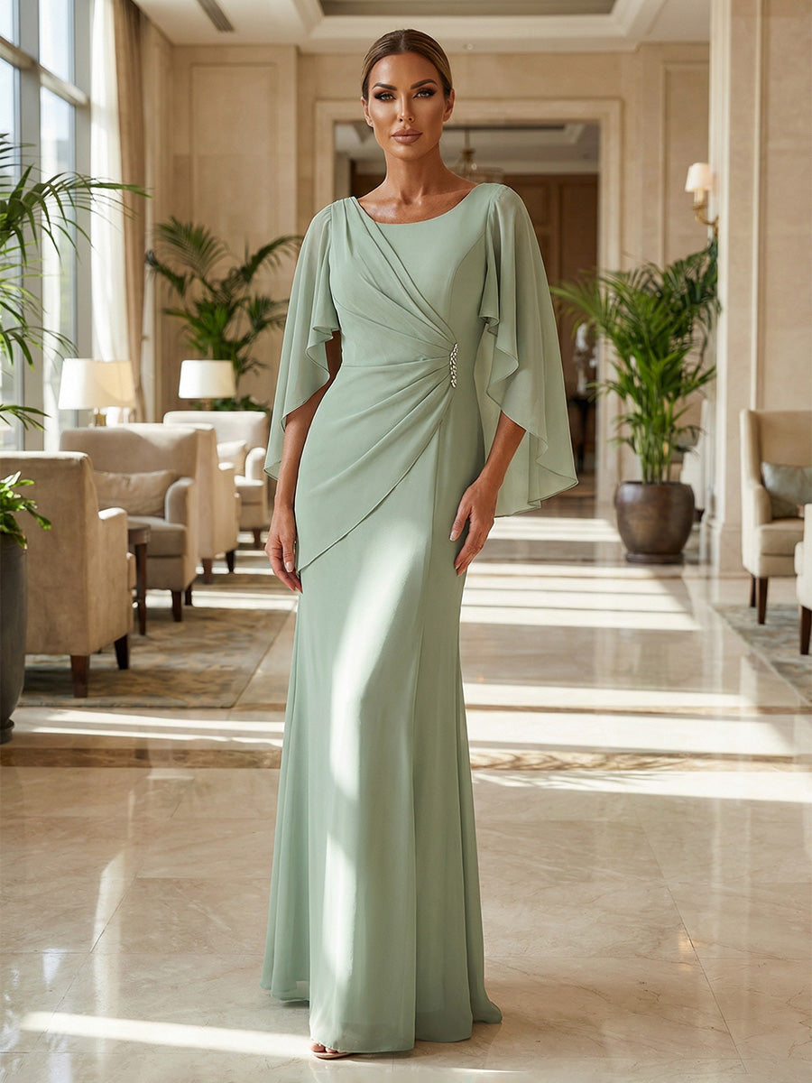 Sheath Chiffon Cape Sleeves Maxi Mother of the Bride & Groom Dresses with Ruched Waist (SHI22500727)
