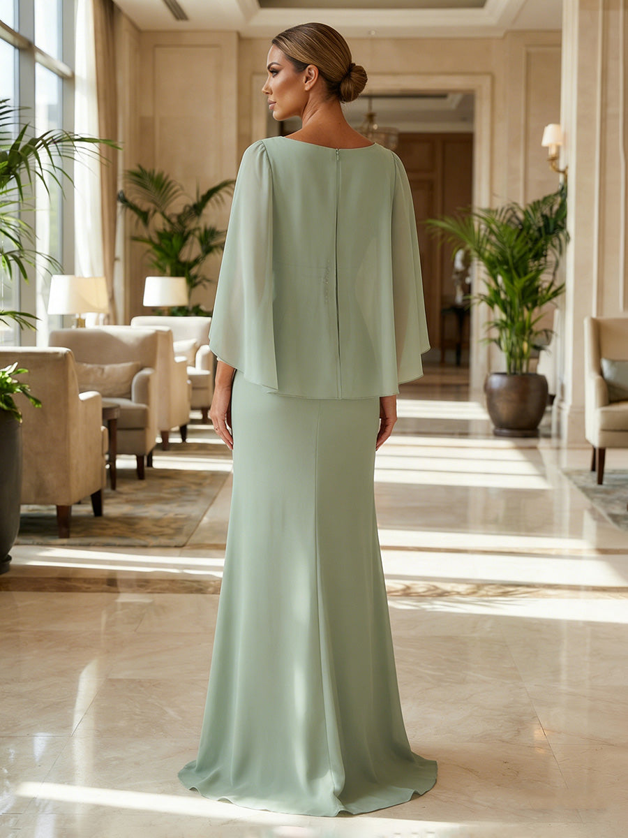 Sheath Chiffon Cape Sleeves Maxi Mother of the Bride & Groom Dresses with Ruched Waist (SHI22500727)