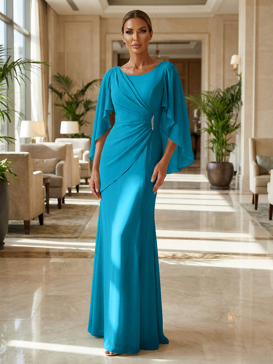 Sheath Chiffon Cape Sleeves Maxi Mother of the Bride & Groom Dresses with Ruched Waist (SHI22500727)