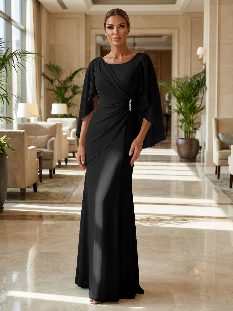 Sheath Chiffon Cape Sleeves Maxi Mother of the Bride & Groom Dresses with Ruched Waist (SHI22500727)