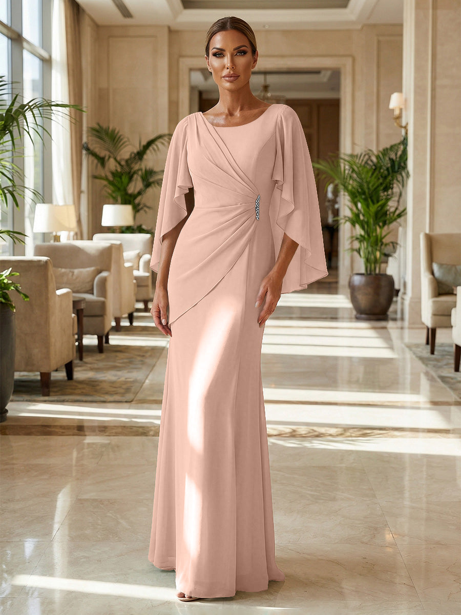 Sheath Chiffon Cape Sleeves Maxi Mother of the Bride & Groom Dresses with Ruched Waist (SHI22500727)