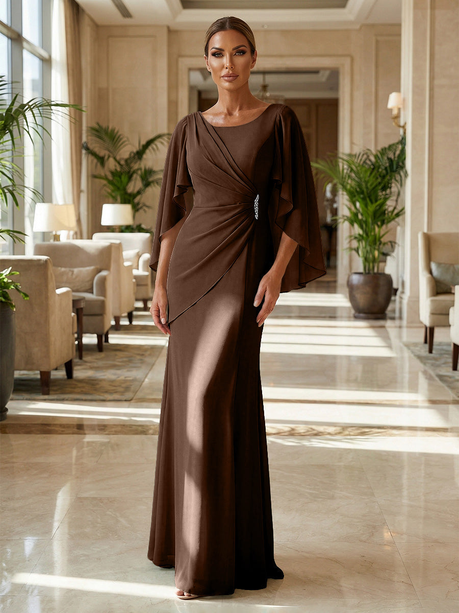Sheath Chiffon Cape Sleeves Maxi Mother of the Bride & Groom Dresses with Ruched Waist (SHI22500727)