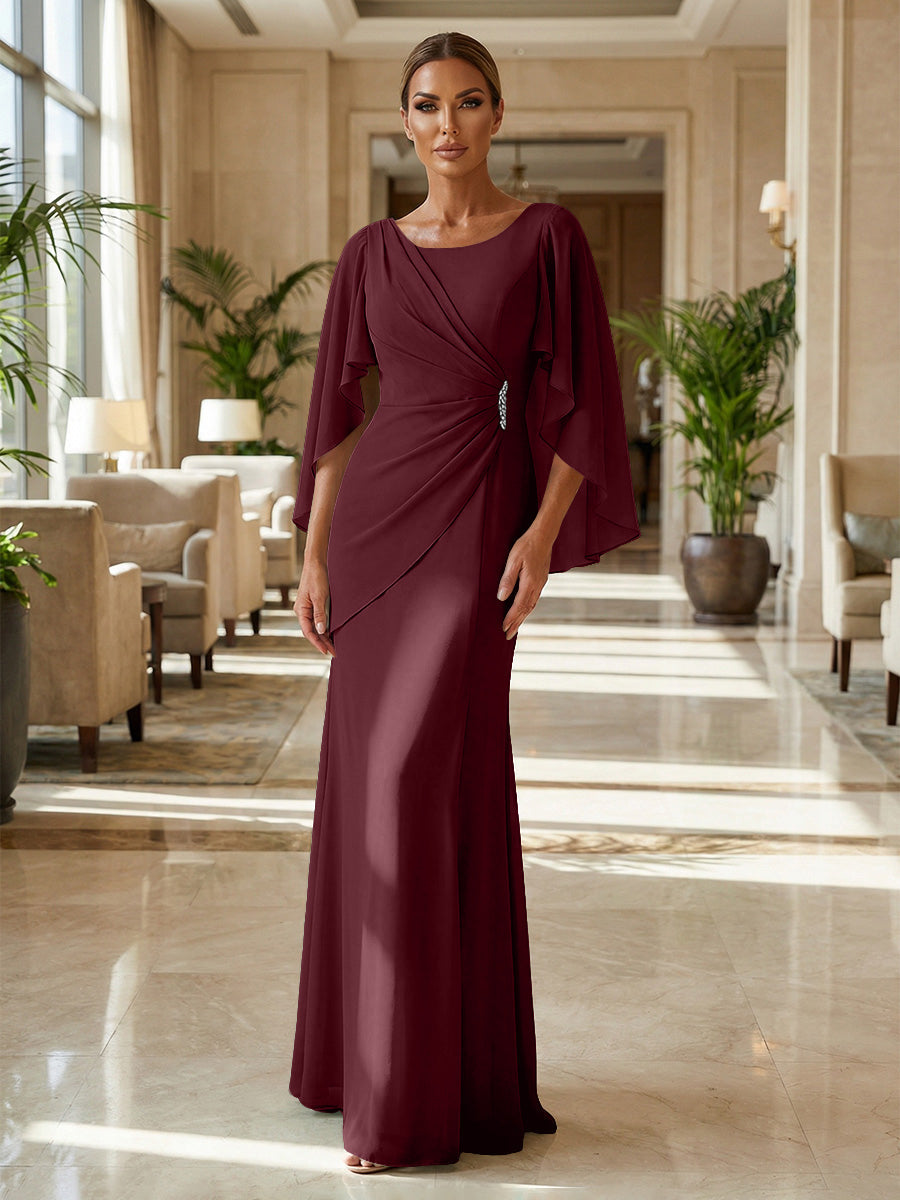 Sheath Chiffon Cape Sleeves Maxi Mother of the Bride & Groom Dresses with Ruched Waist (SHI22500727)