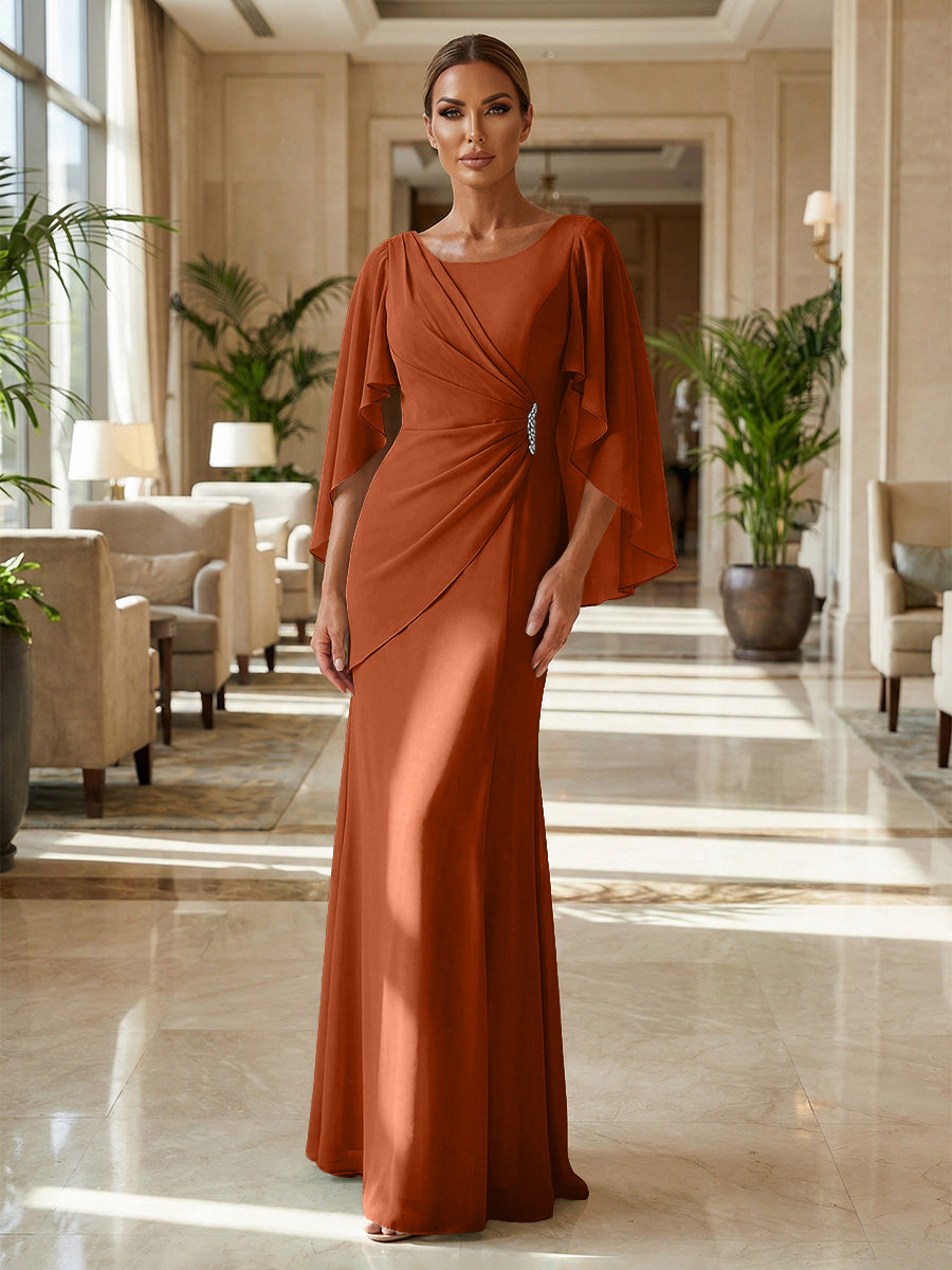 Sheath Chiffon Cape Sleeves Maxi Mother of the Bride & Groom Dresses with Ruched Waist (SHI22500727)