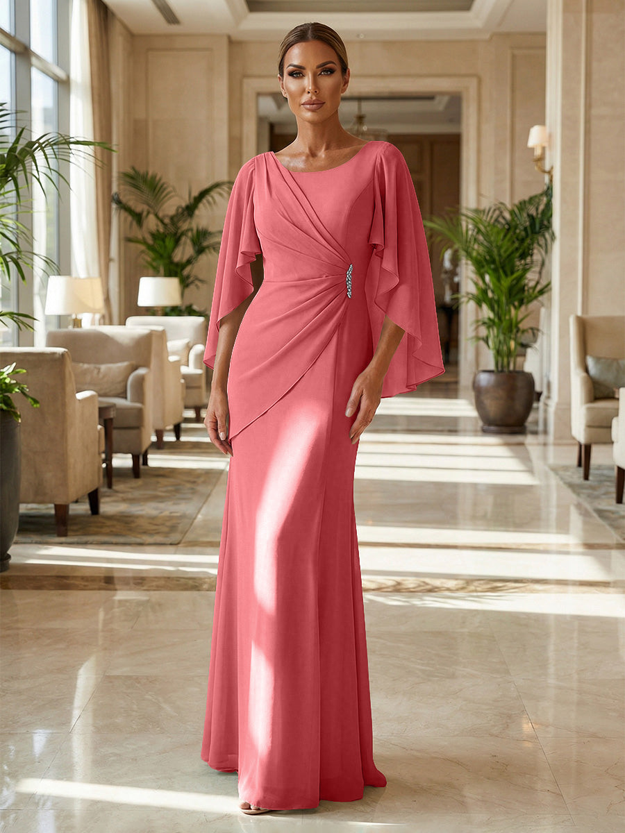 Sheath Chiffon Cape Sleeves Maxi Mother of the Bride & Groom Dresses with Ruched Waist (SHI22500727)