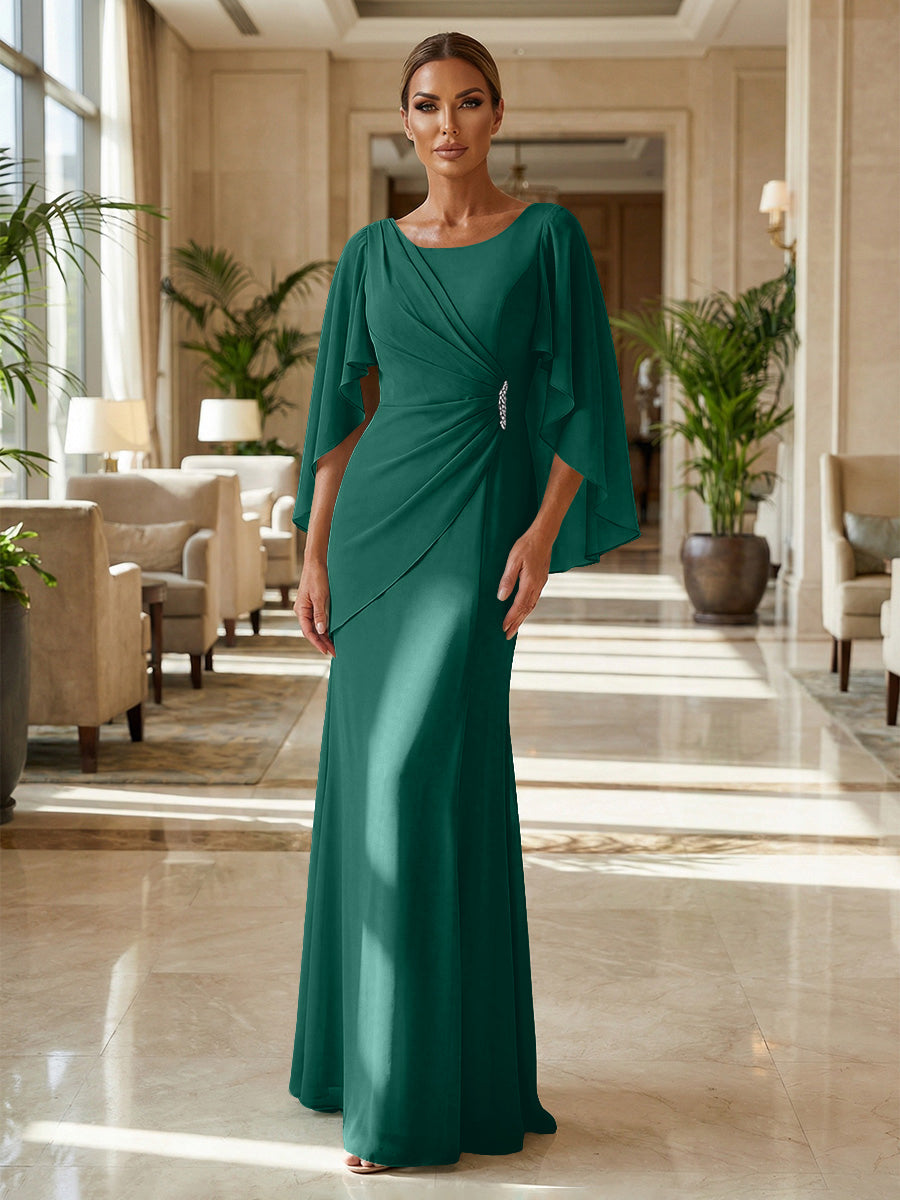 Sheath Chiffon Cape Sleeves Maxi Mother of the Bride & Groom Dresses with Ruched Waist (SHI22500727)