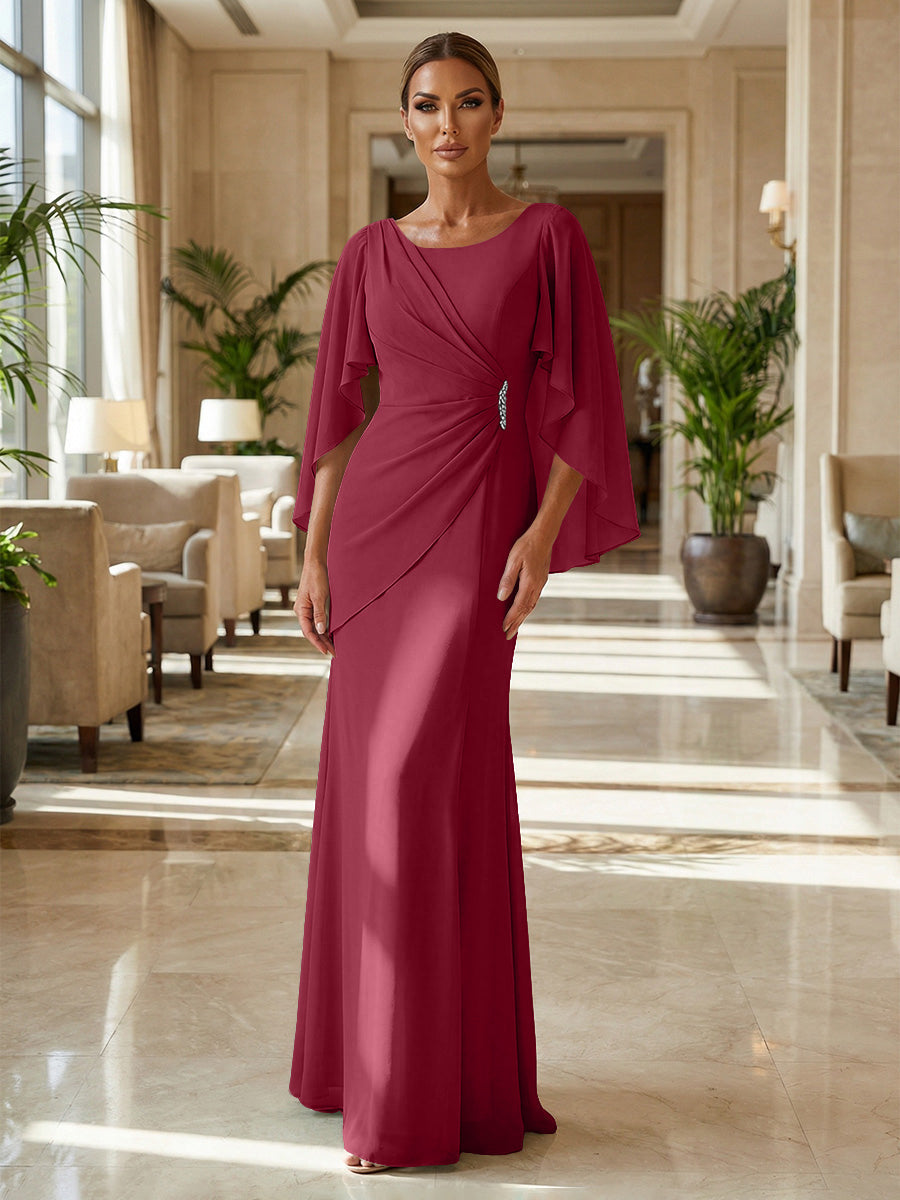 Sheath Chiffon Cape Sleeves Maxi Mother of the Bride & Groom Dresses with Ruched Waist (SHI22500727)