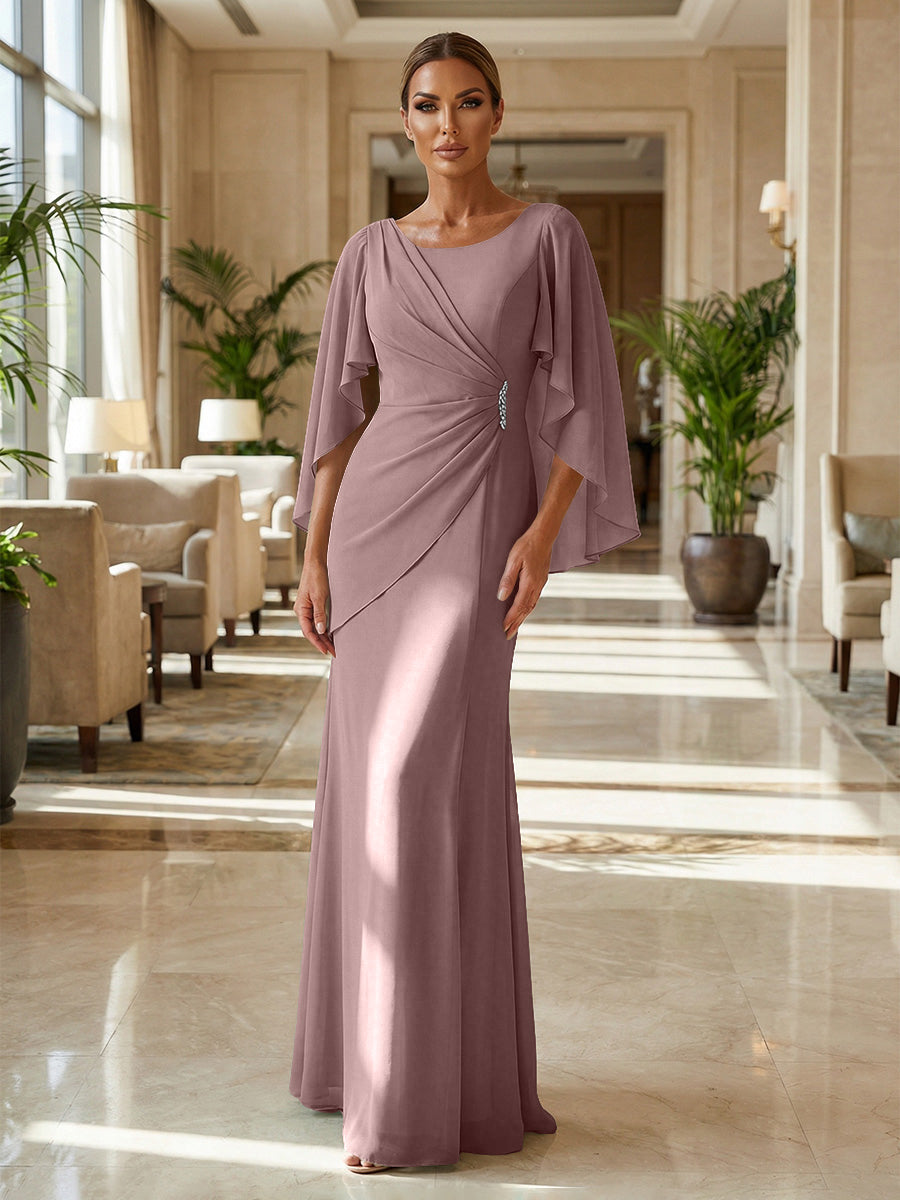Sheath Chiffon Cape Sleeves Maxi Mother of the Bride & Groom Dresses with Ruched Waist (SHI22500727)