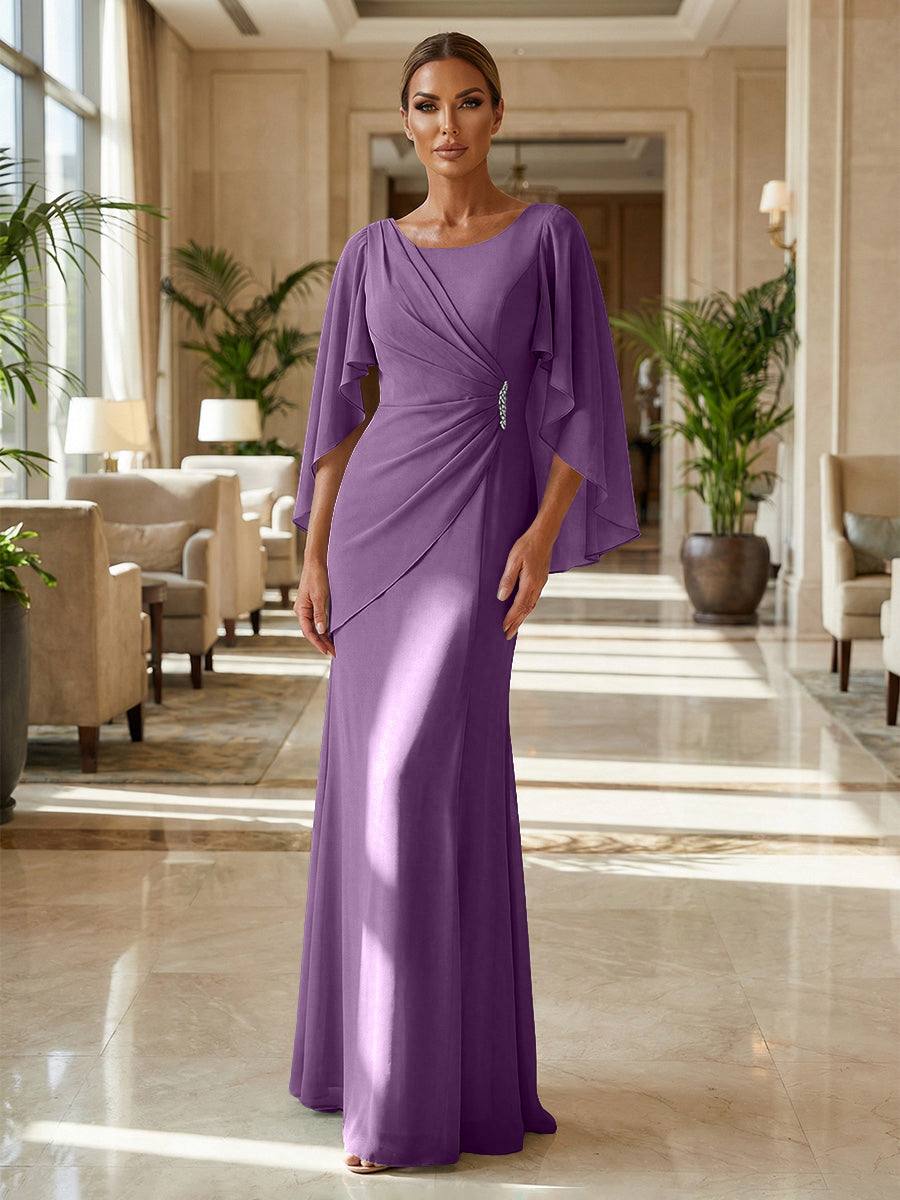 Sheath Chiffon Cape Sleeves Maxi Mother of the Bride & Groom Dresses with Ruched Waist (SHI22500727)